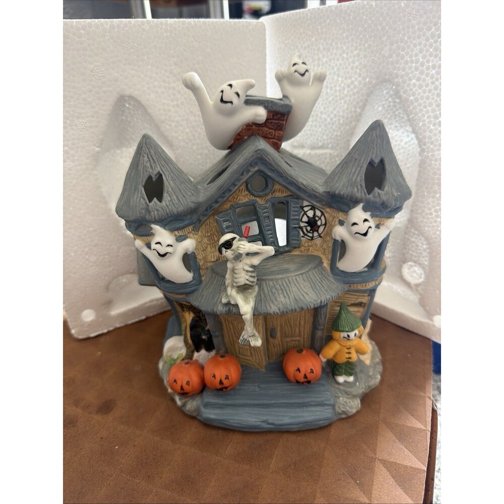 Partylite 8” Halloween Haunted House Ghost Tea light Candle Holder P7311 Box EUC